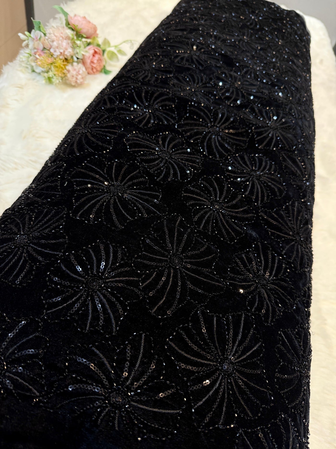 Velvet Net Cutdana and Sequins with Threadwork Embroidery 44 Inch Width