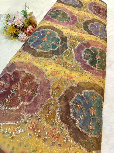 Iliana Yellow Organza Prints with Embroidery 44 inch width