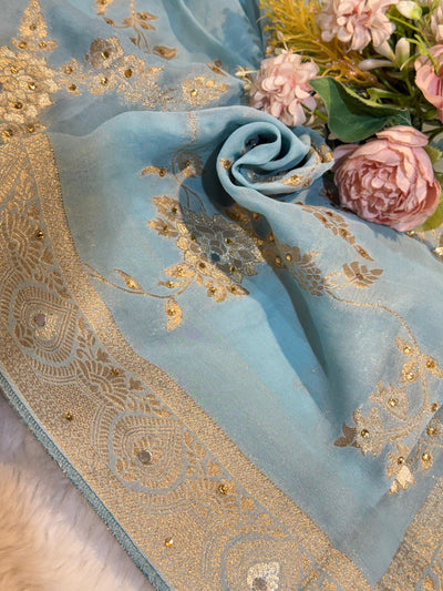 Shehnaaz Aqua Blue Pure Georgette Banarsi Dupatta With Handwork 2.50 meter length
