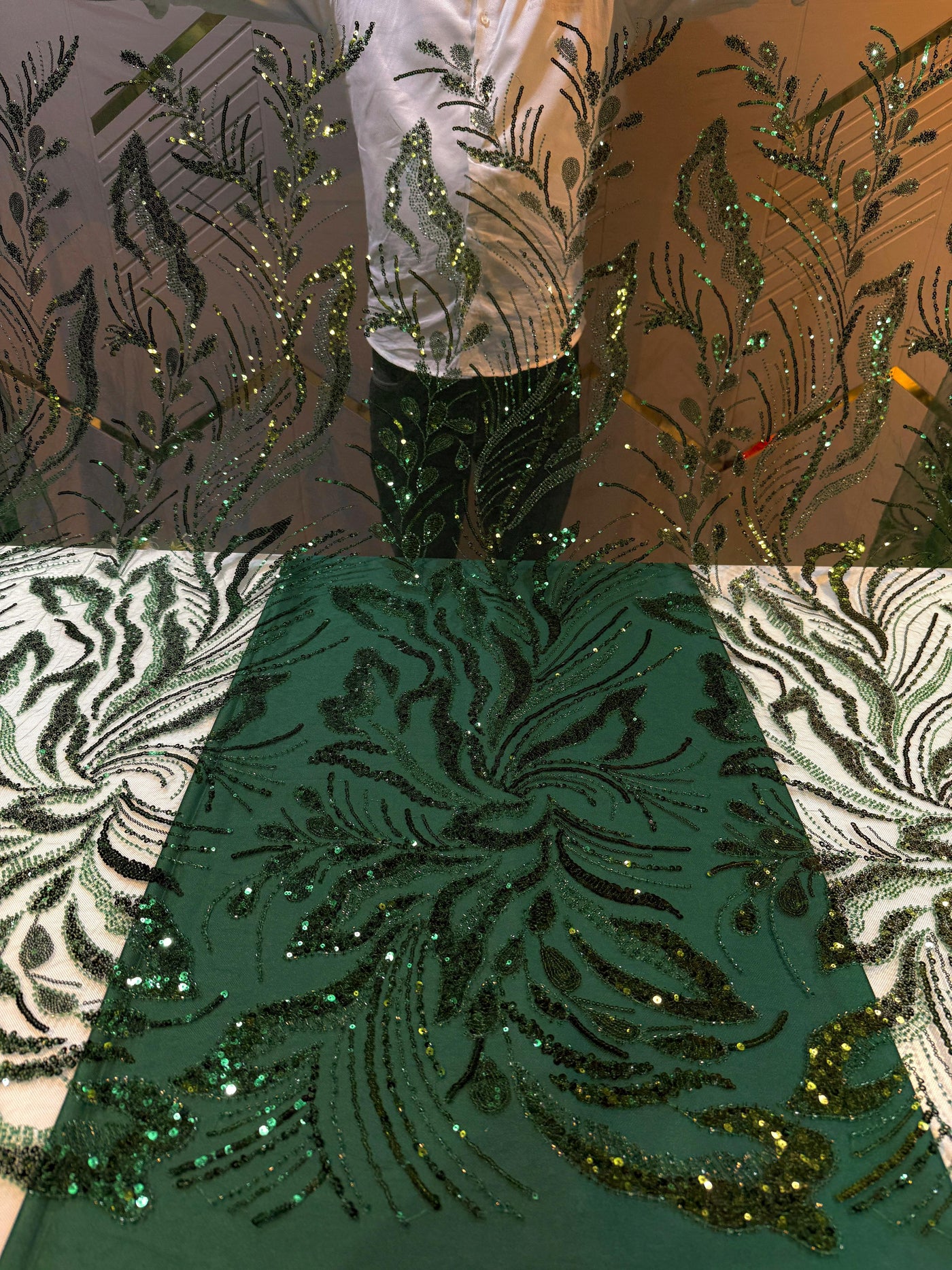 Bottle Green Handwork Net Embroidery 50 inch width