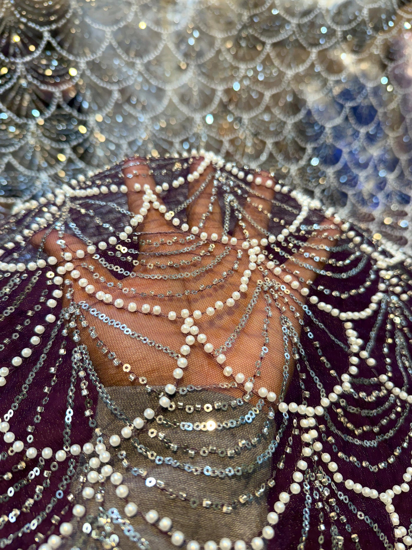 Elif Lite Wine Color Handwork Net Embroidery With Pearl Sequins And Cutdana Work 54 inch width