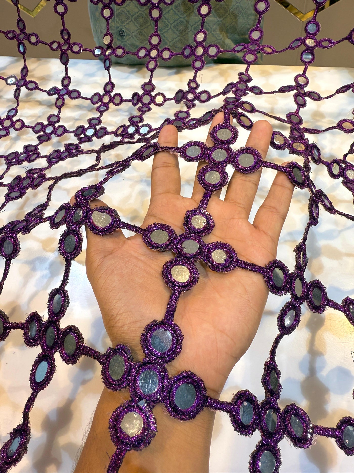 Purple Crochet With Faux Mirror Embroidery 39 inch width