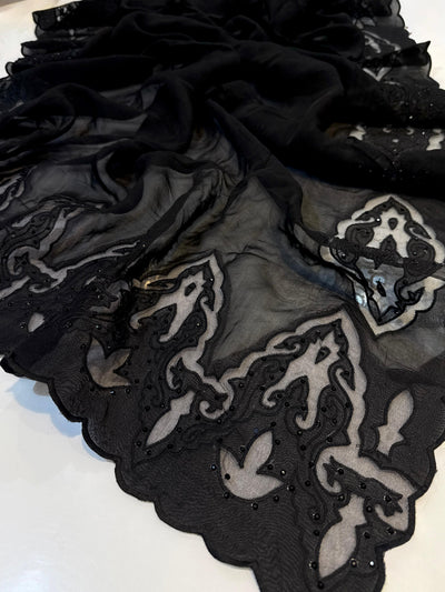 Black Pure Organza Handwork Dupatta with scallop borders 2.50 meter length with stone work