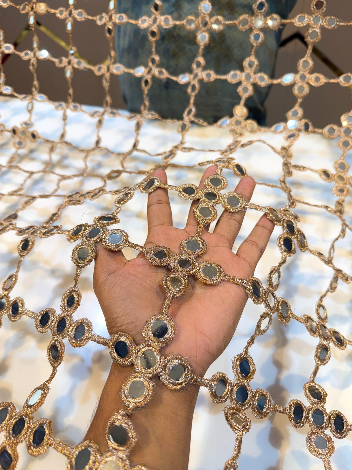 Dark gold  Crochet With Faux Mirror Embroidery 39 inch width