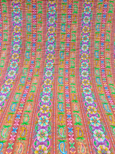 Peach Georgette Chikankari Stripe Floral Threadwork Embroidery 44 inch width