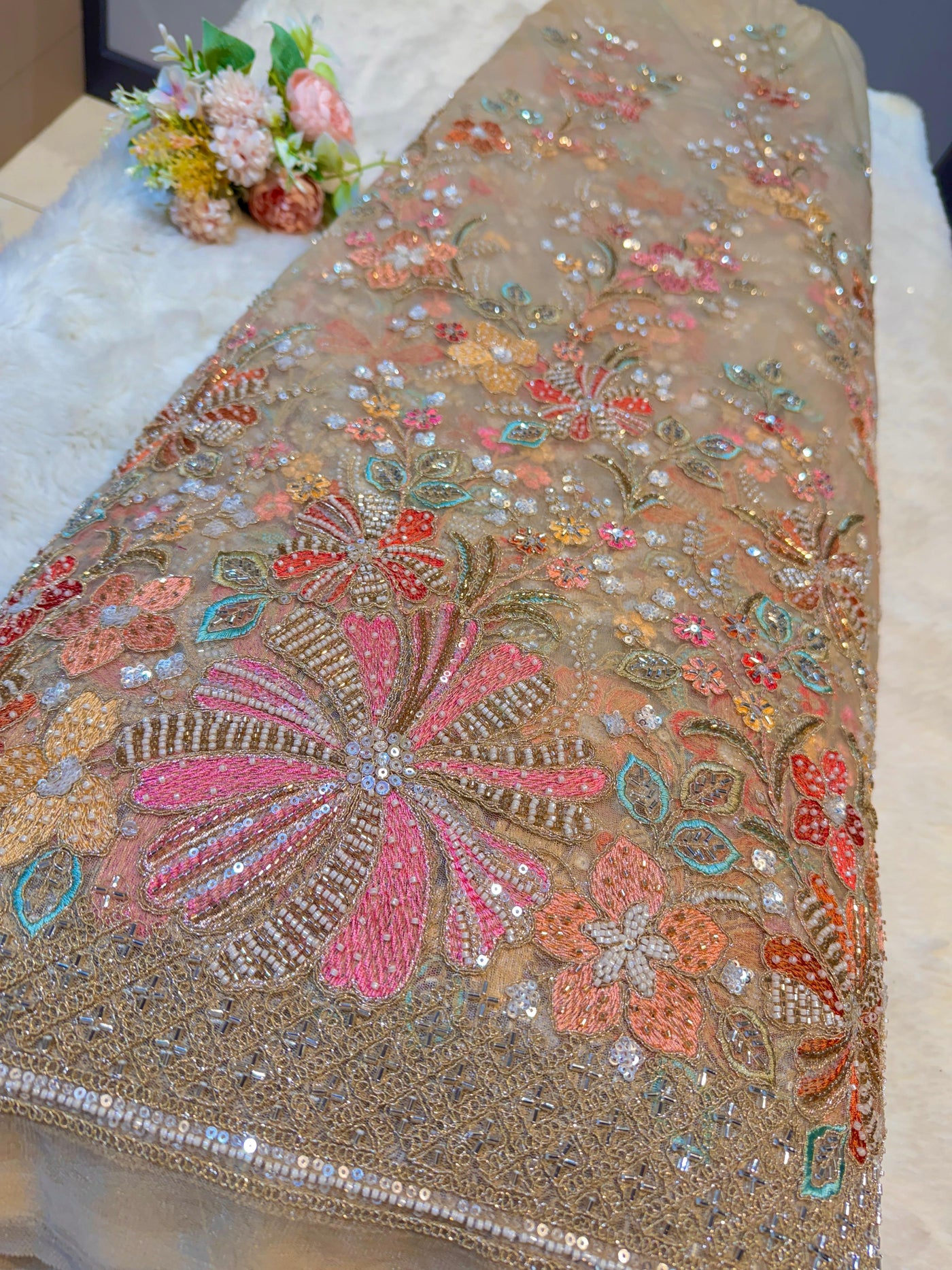 Net handwork with Threadwork Embridery 50 inch width Beige color base