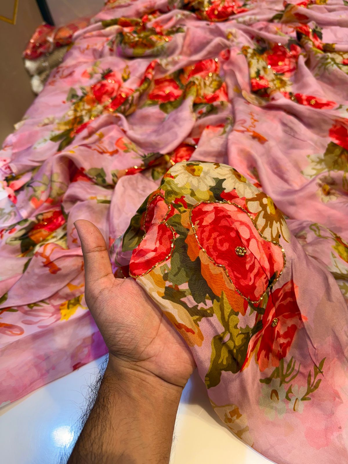 Mezzo Supersoft Tabby Silk Handwork Floral 44 inch width