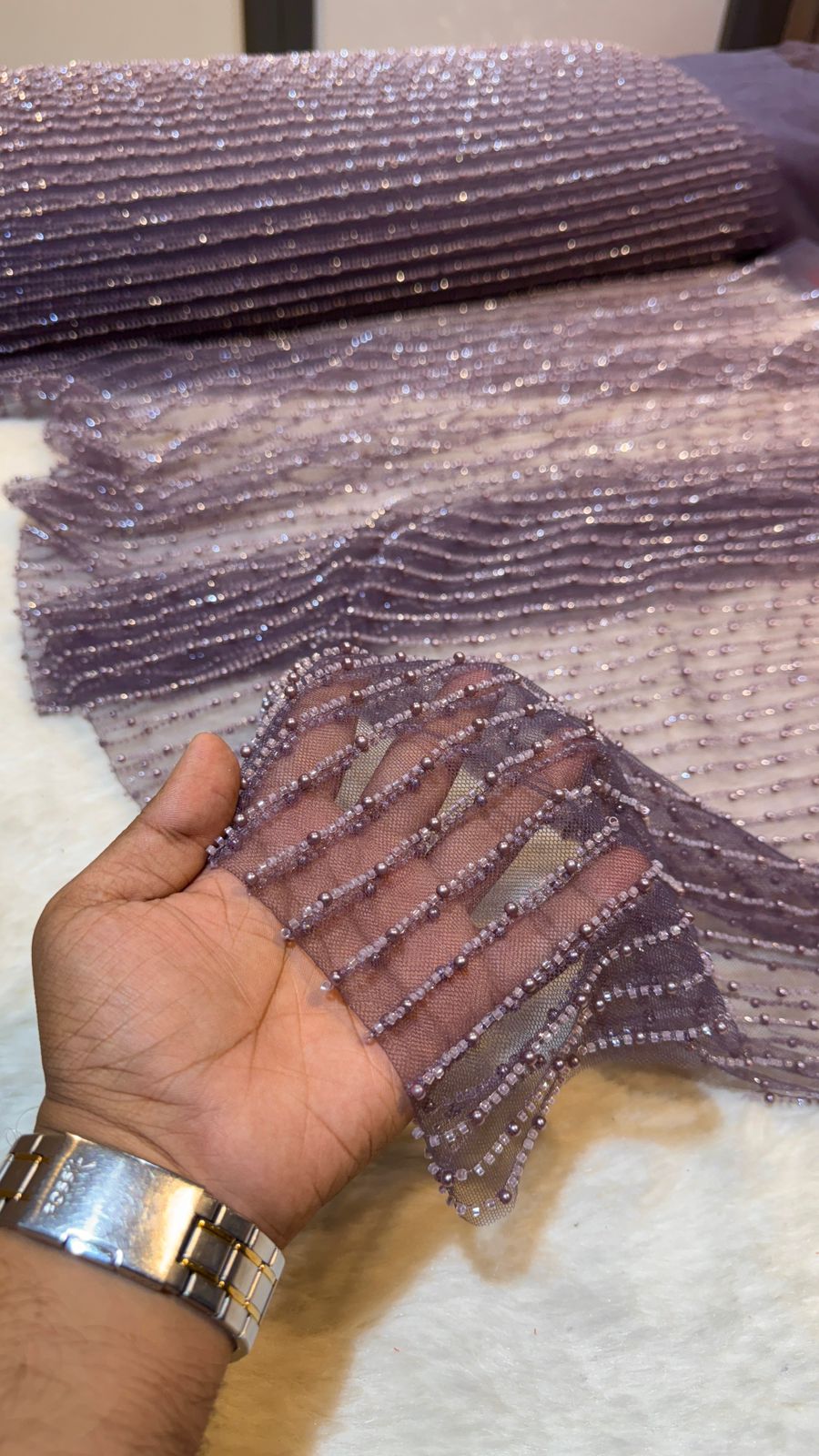 Net Stripe Handwork Nets with Cutdana and Pearl work 54 inch width