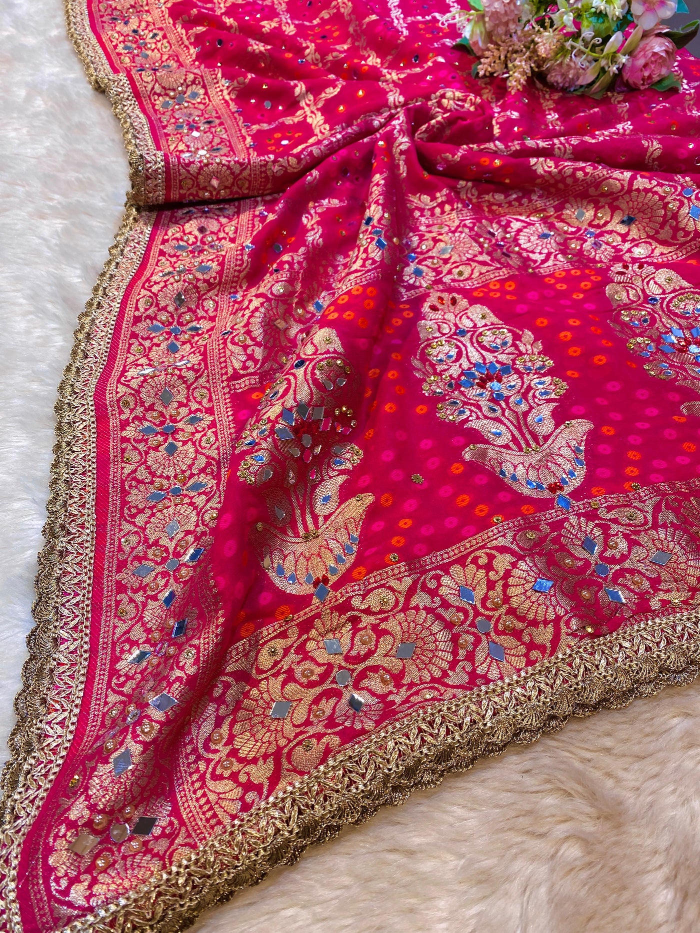 Sheeshmahal Pure Georgette Original Mirror Work Dupatta 2.40 meter length 38 inch width with bandhej weave