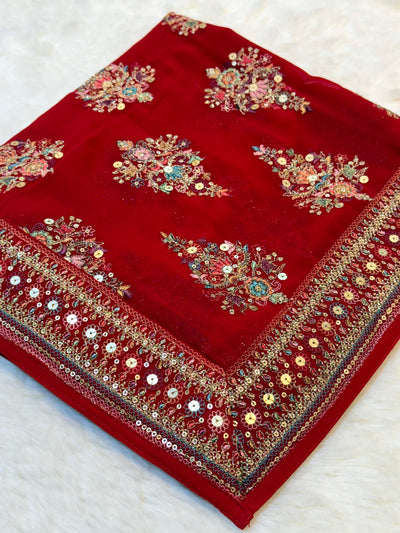 Red Georgette Dupatta With Four side borders