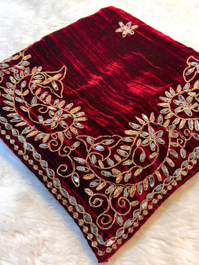 Maroon Pure Crush Velvet Real Mirror Handwork Dupatta 2.50 meter length