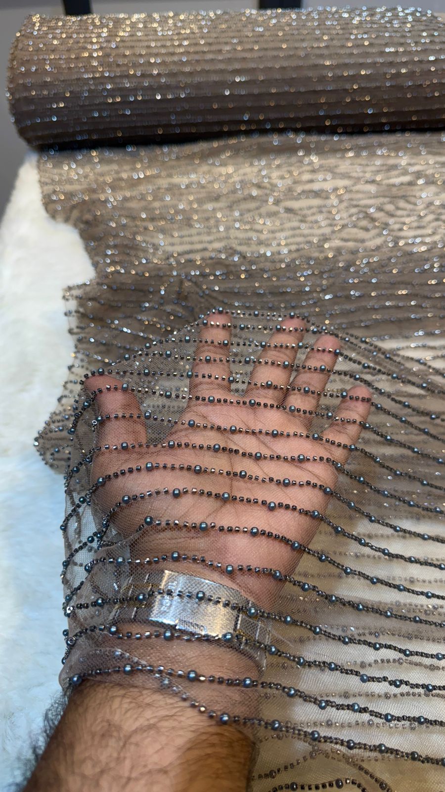 Net Stripe Handwork Nets with Cutdana and Pearl work 54 inch width