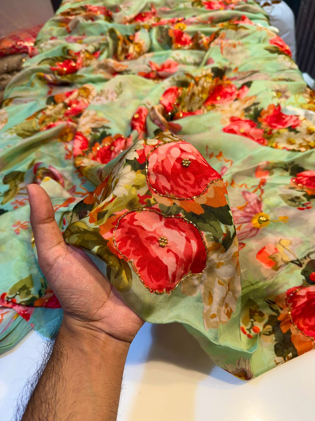 Mezzo Supersoft Tabby Silk Handwork Floral 44 inch width