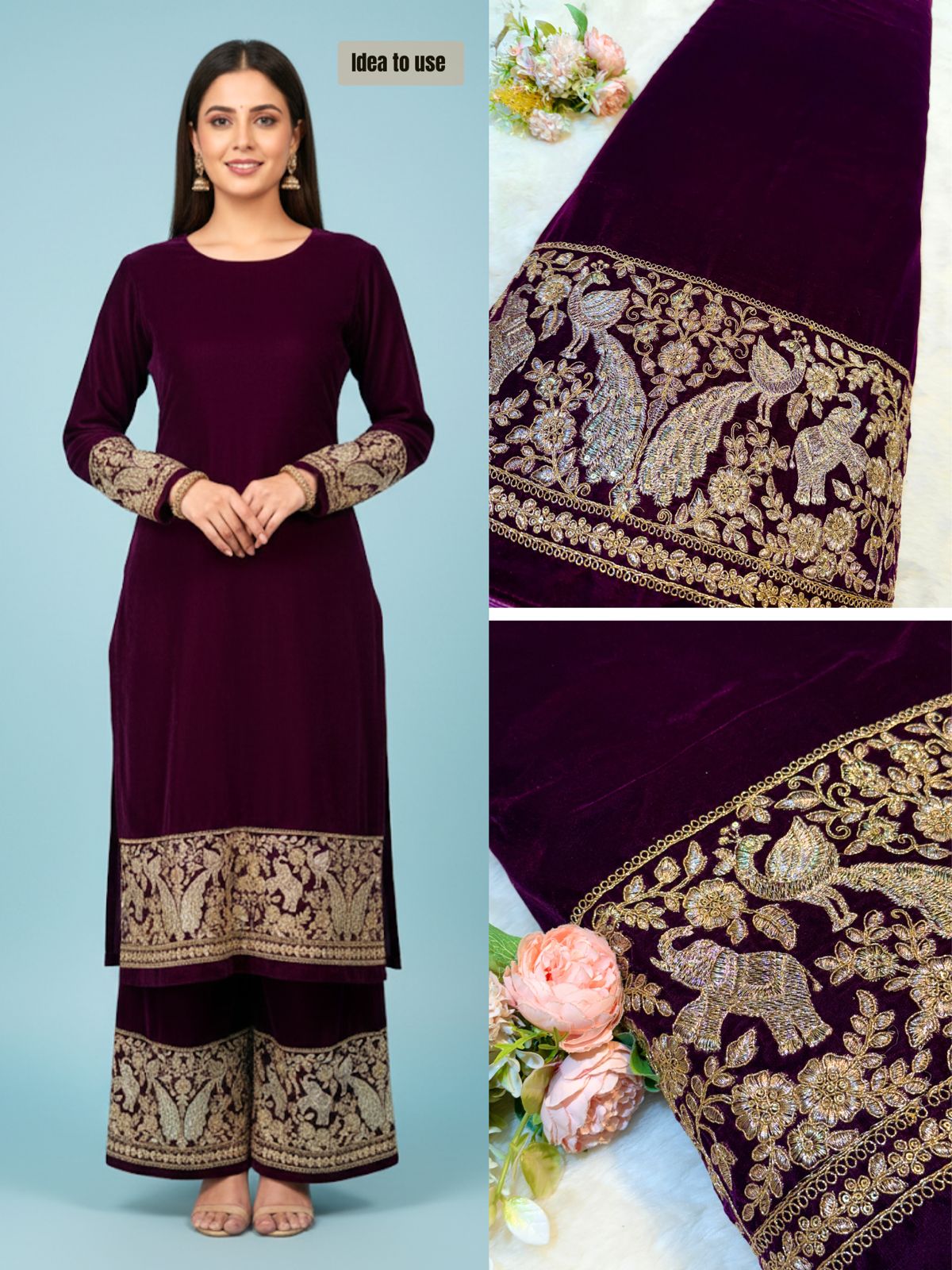 Wine Ivy Velvet Daaman Zari embroidery  44 Inch width