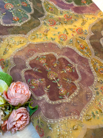 Iliana Yellow Organza Prints with Embroidery 44 inch width