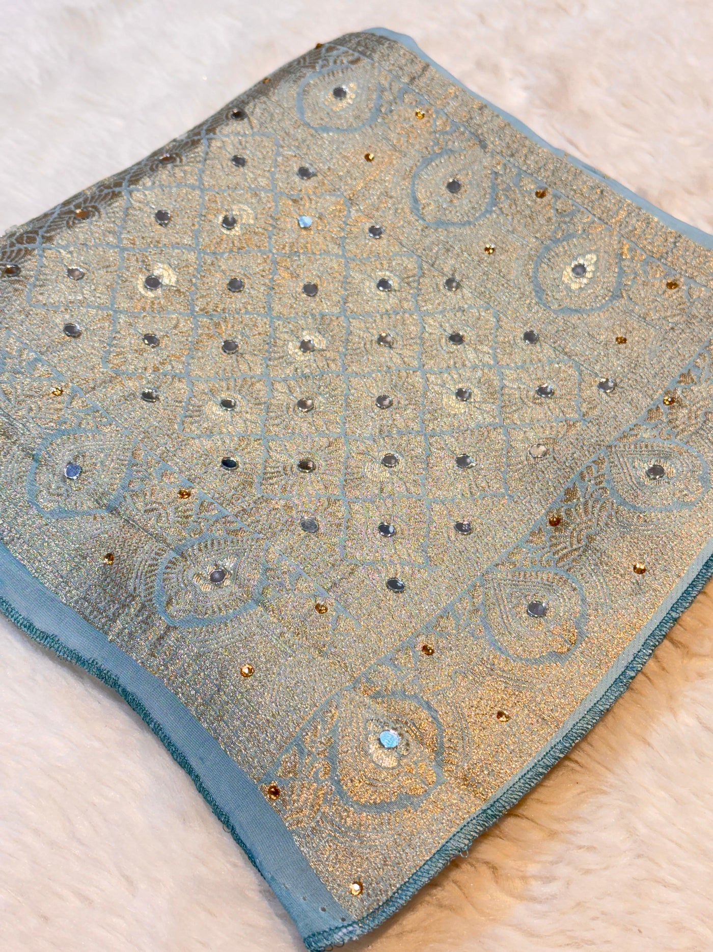 Shehnaaz Aqua Blue Pure Georgette Banarsi Dupatta With Handwork 2.50 meter length