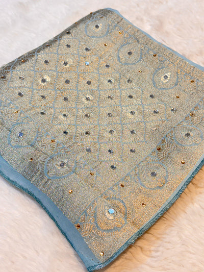 Shehnaaz Aqua Blue Pure Georgette Banarsi Dupatta With Handwork 2.50 meter length