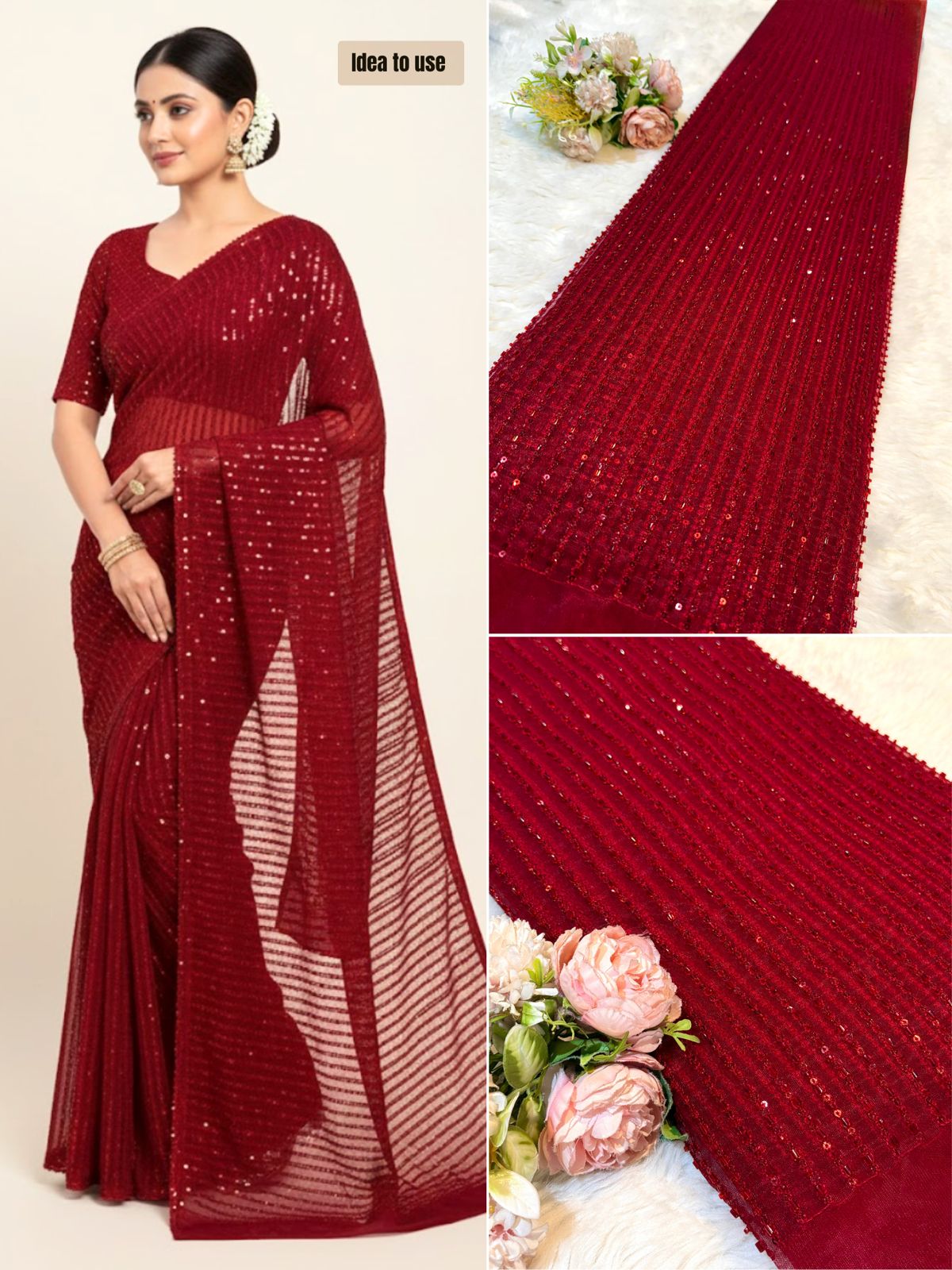 Maroon Stripe Handwork Net 44 inch width