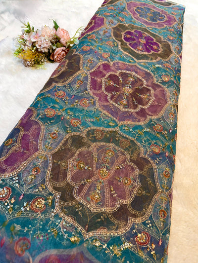 Iliana Aqua Blue Organza Prints with Embroidery 44 inch width