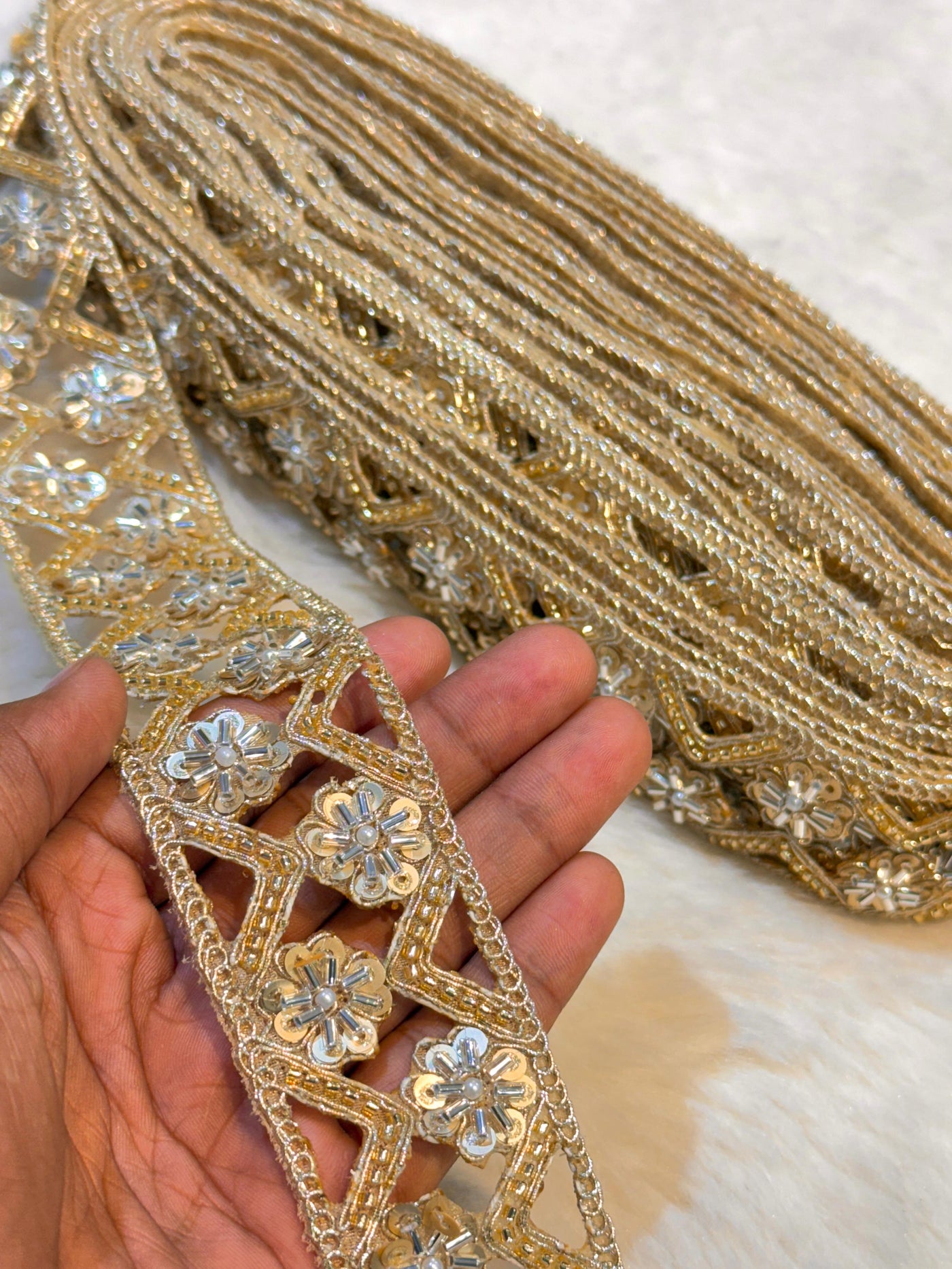 (Wholesale pack of 9 meter ) Lace Border With Cutdana Sequins and pearl work