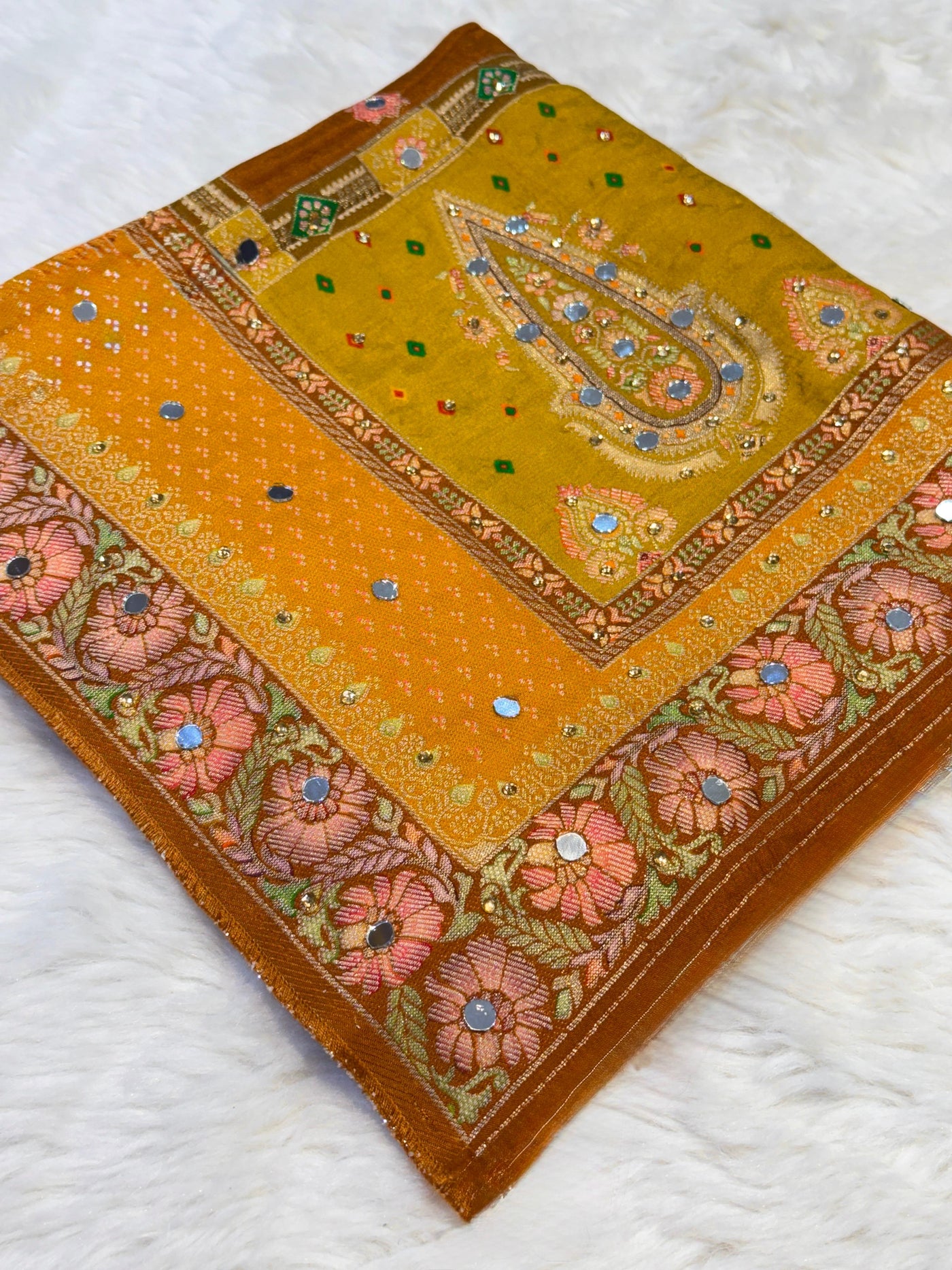 Sajda Mustard Pure Silk Dupatta With Real Mirror Handwork 2.50 meter length