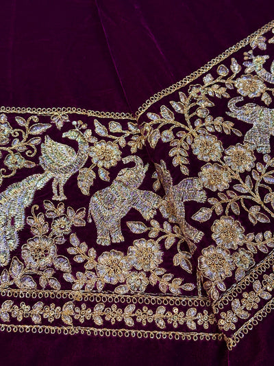 Wine Ivy Velvet Daaman Zari embroidery  44 Inch width