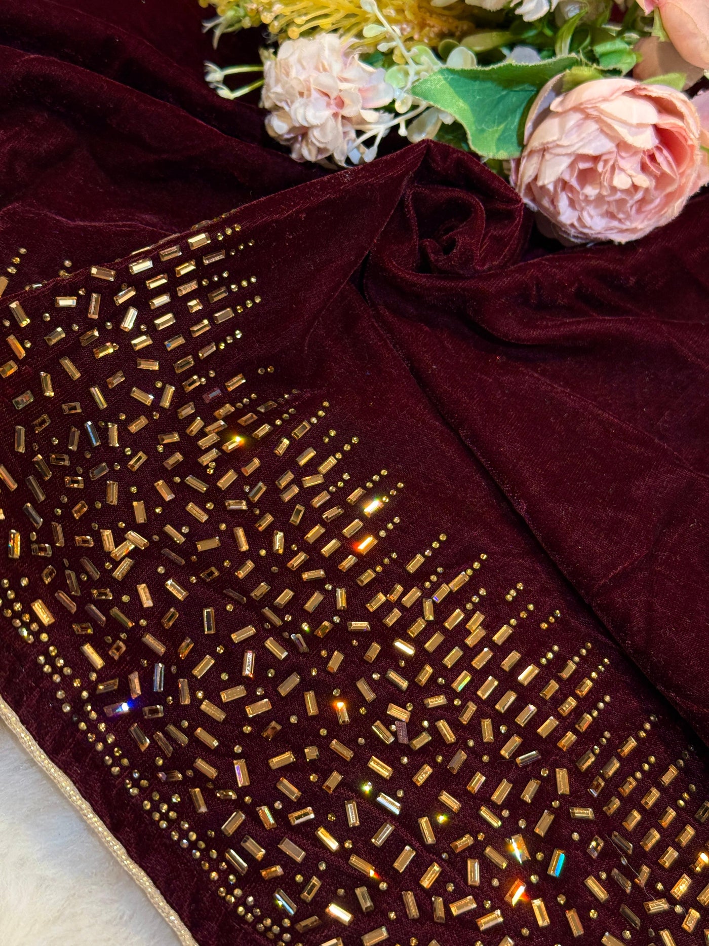 Maroon Velvet stoles With Stone Work 2.10 meter length 37 inch width