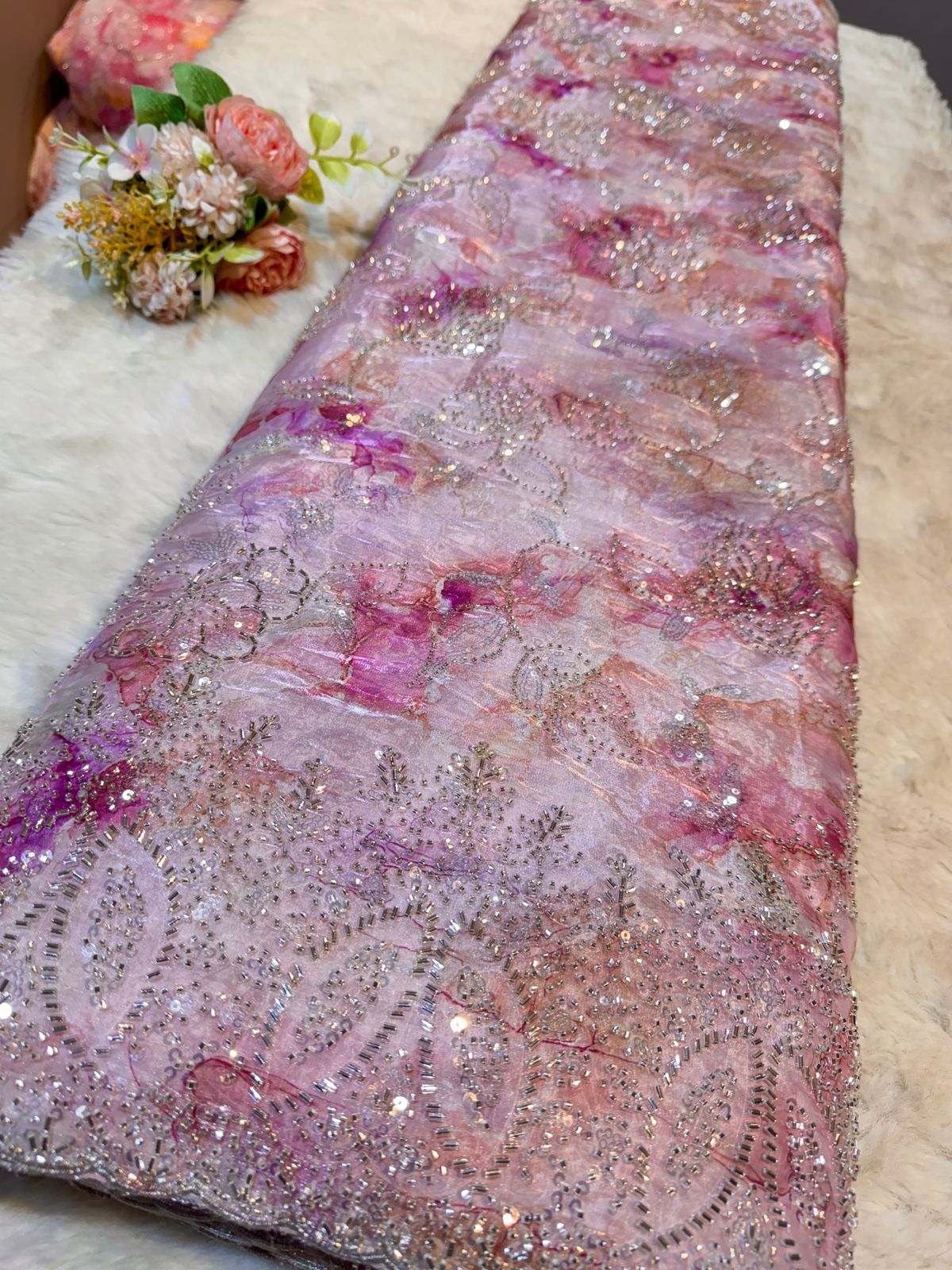 Jimmy choo Pink Tissue Handwork Embroidery 54 inch Width