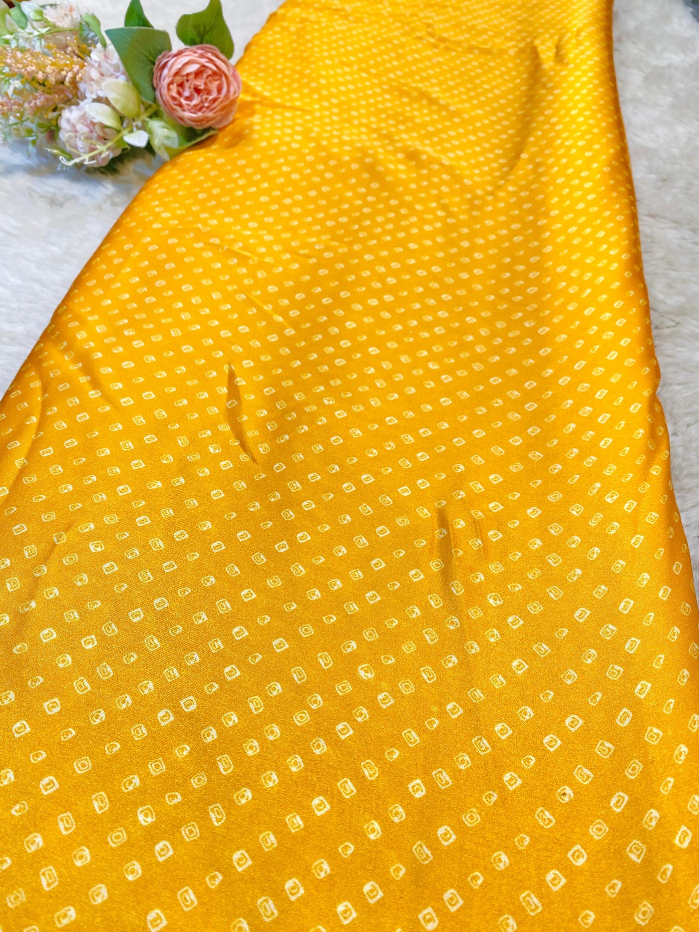 Satin Georgette Bandhni Prints 44 Inch width For Haldi / Sangeet Outfits