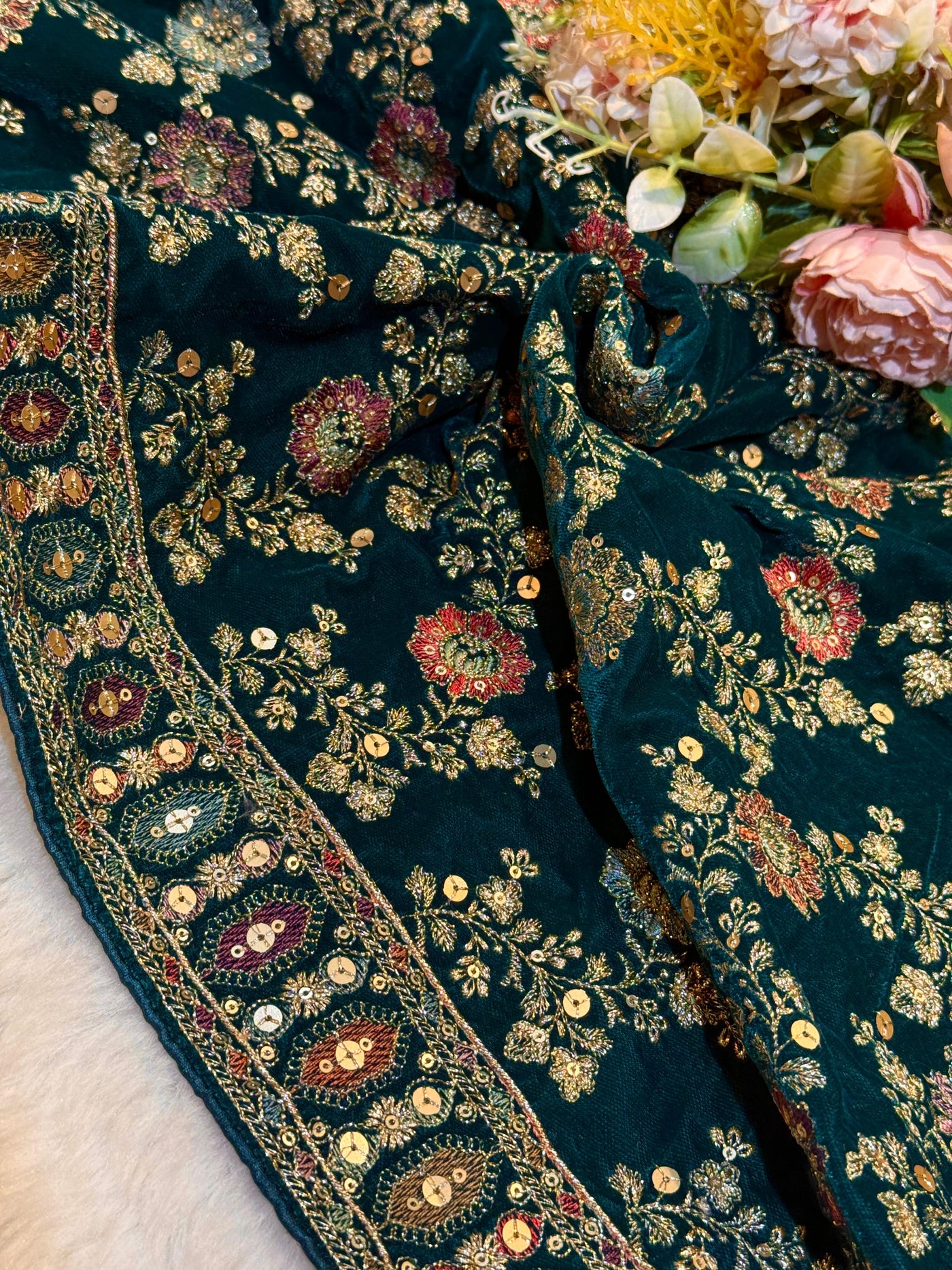 Rama Green Velvet Limited Edition Dupatta With Embroidery 2.40 meter length