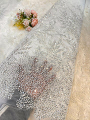 (Precut of 0.7 Meter) White imported handwork net with Pearl and Cutdana work 54 inch width