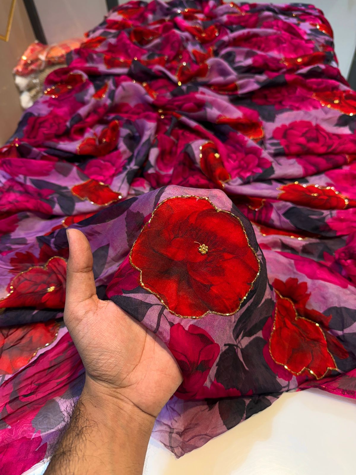 Mezzo Supersoft Tabby Silk Handwork Floral 44 inch width