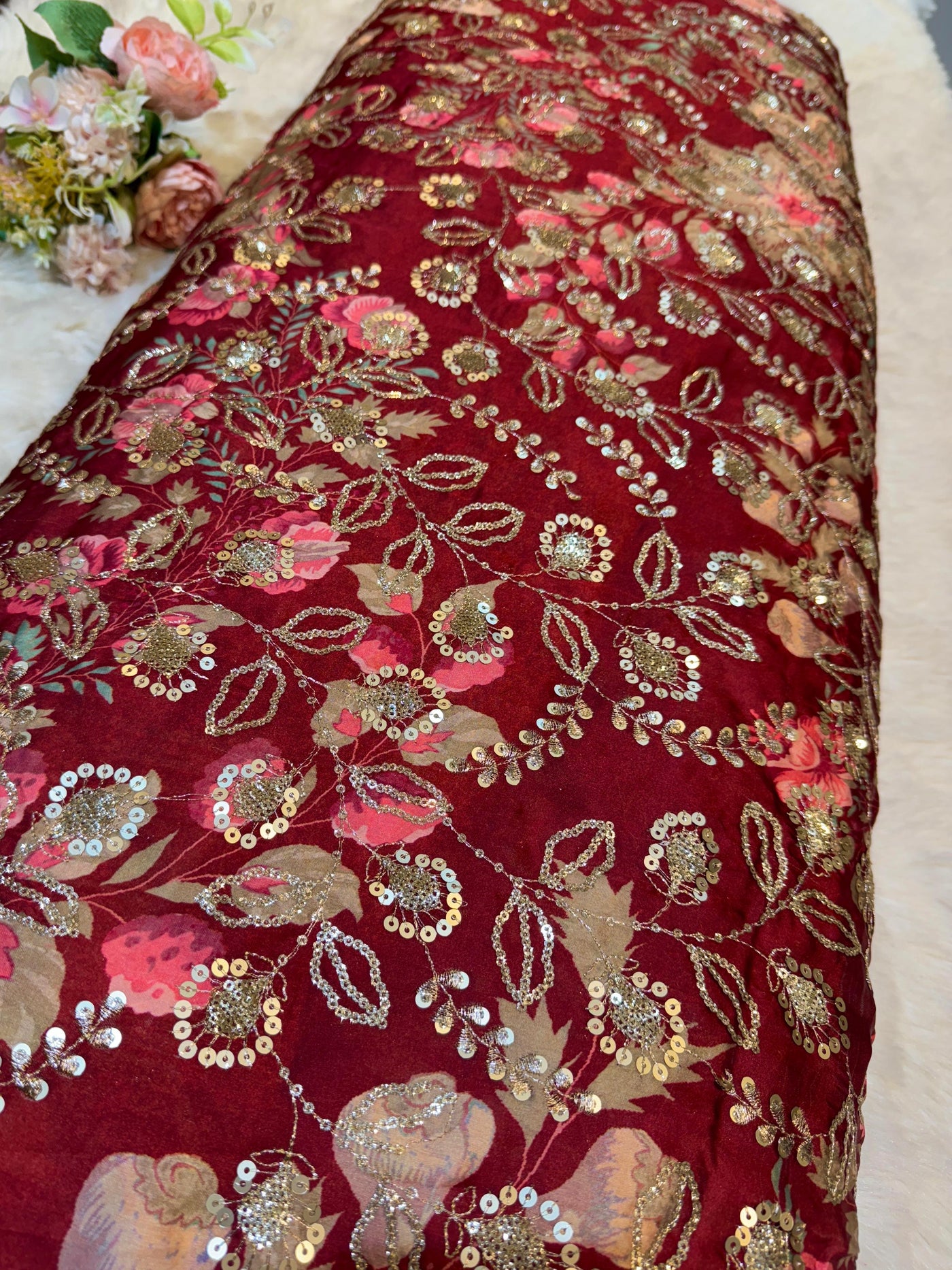 Ifra Satin Georgette Floral with Sequins Embroidery 44 inch width