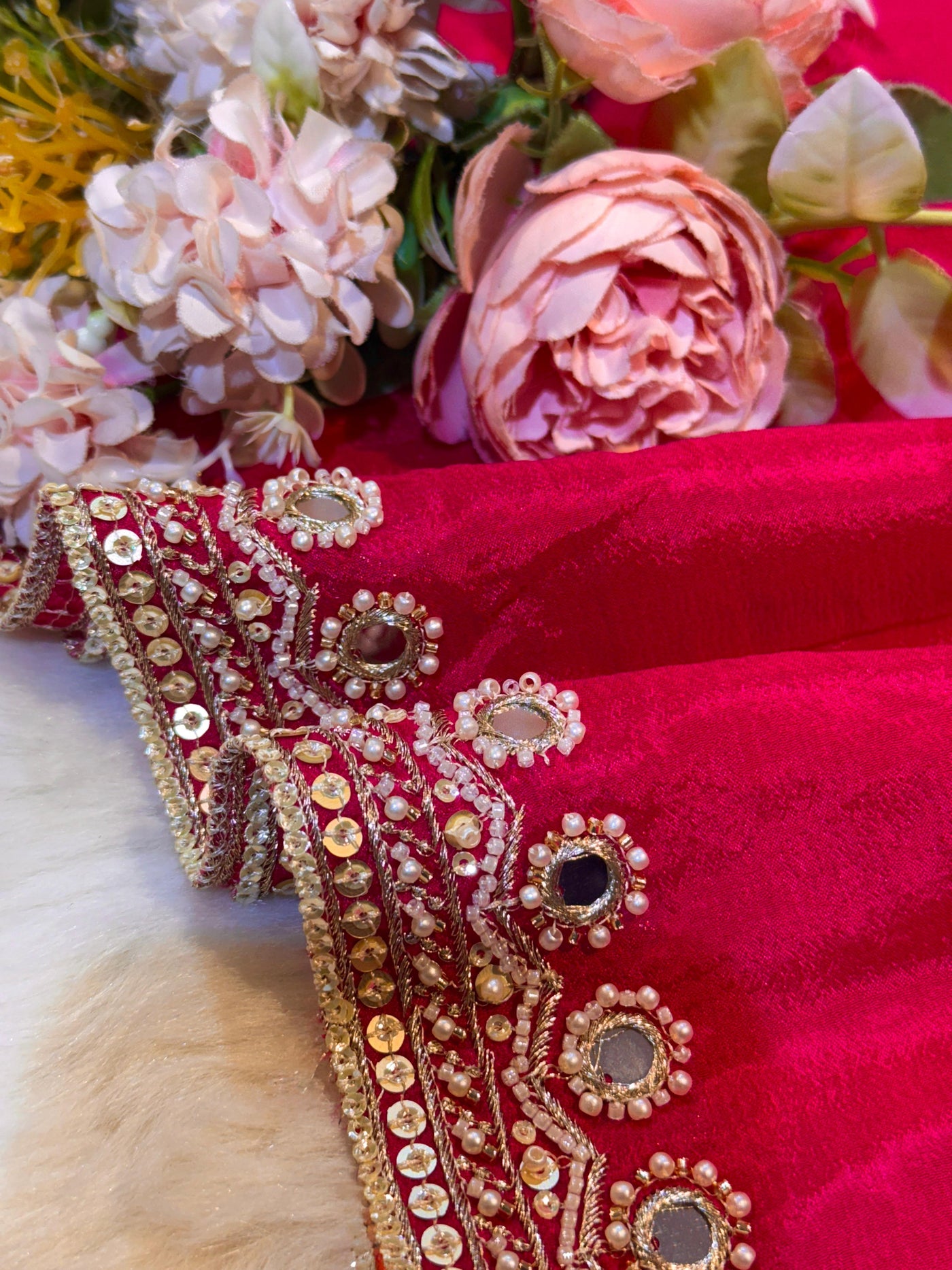 Hot Pink Pure Chinon Handwork Dupatta with Four Side Mirror Cutdana Work Borders (2.40 meter length )