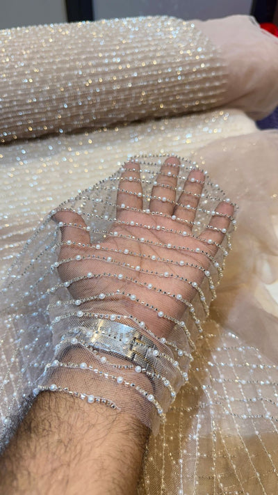 (Precut of 0.55 Meter) Net Stripe Handwork Nets with Cutdana and Pearl work 54 inch width