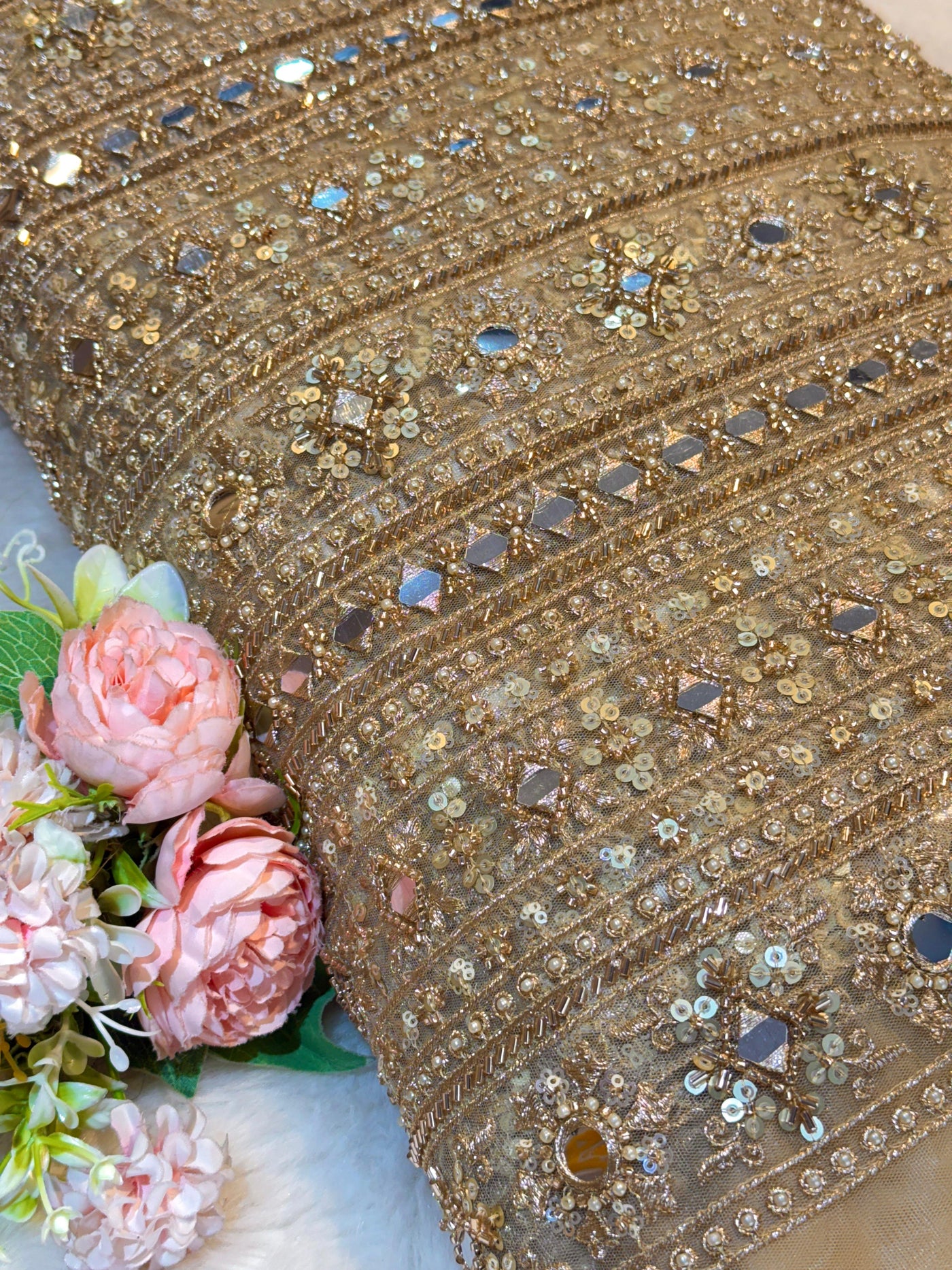 Beige Handwork Net Embroidery Stripes Pattern with Cutdana Mirror Work 44 inch width