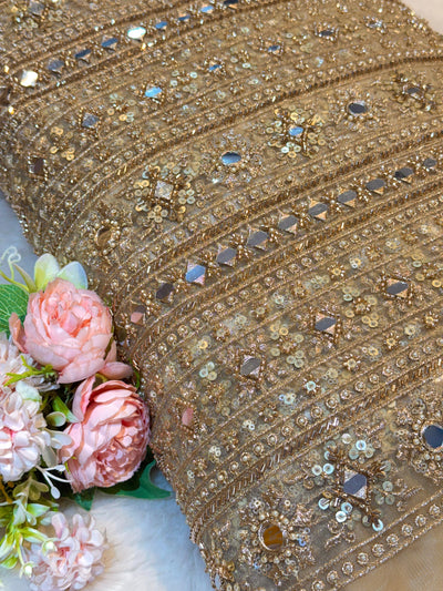 Beige Handwork Net Embroidery Stripes Pattern with Cutdana Mirror Work 44 inch width