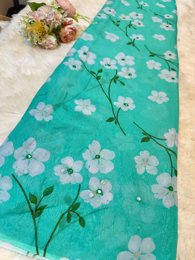 Simran Pure Georgette Floral Print With Mirror Highlights 44 inch width Aqua Green Color