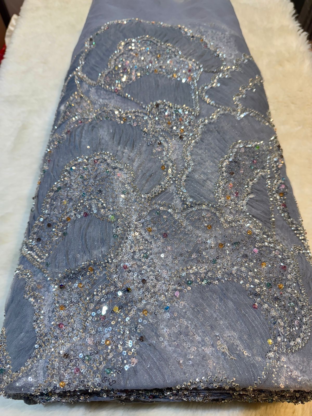 Fella Applique Handwork Net Embroidery 54 Inch Width With Crystals And beads and Cutdana work