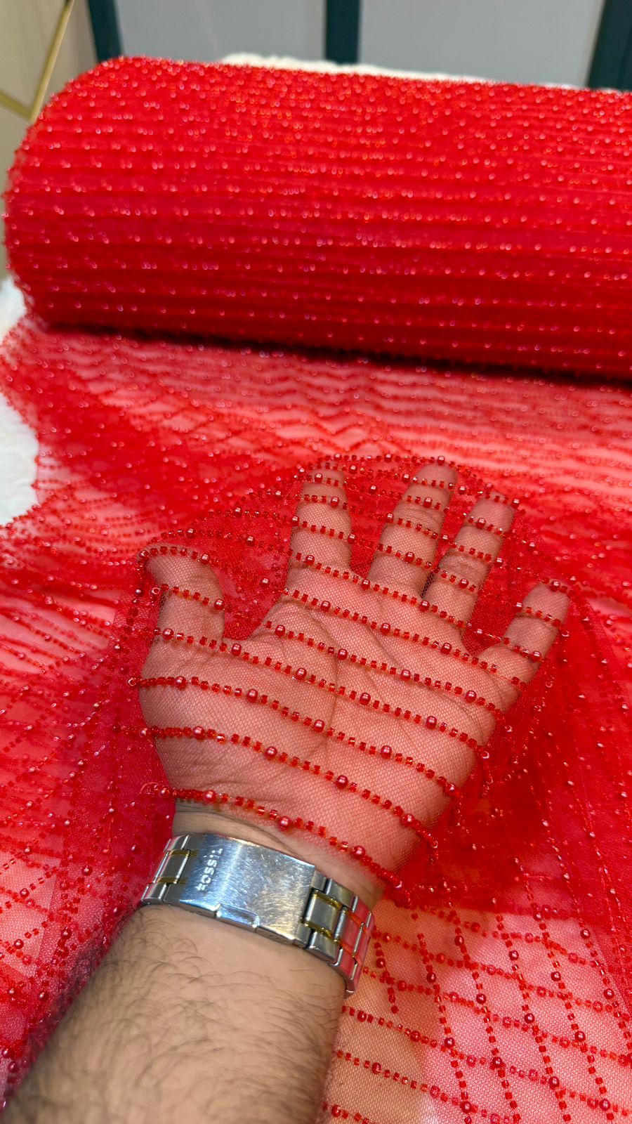 Net Stripe Handwork Nets with Cutdana and Pearl work 54 inch width
