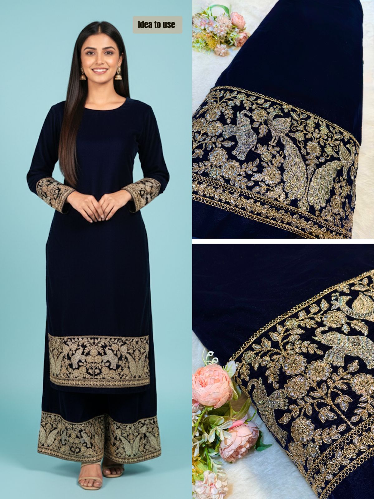 Navy Blue Ivy Velvet Daaman Zari embroidery  44 Inch width