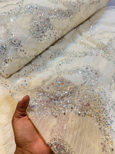Fella Applique Handwork Net Embroidery 54 Inch Width With Crystals And beads and Cutdana work