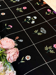 (Precut of 0.5 Meter) Black  Pure Cotten  Embroidery With Floral Checks Work 44 inch width