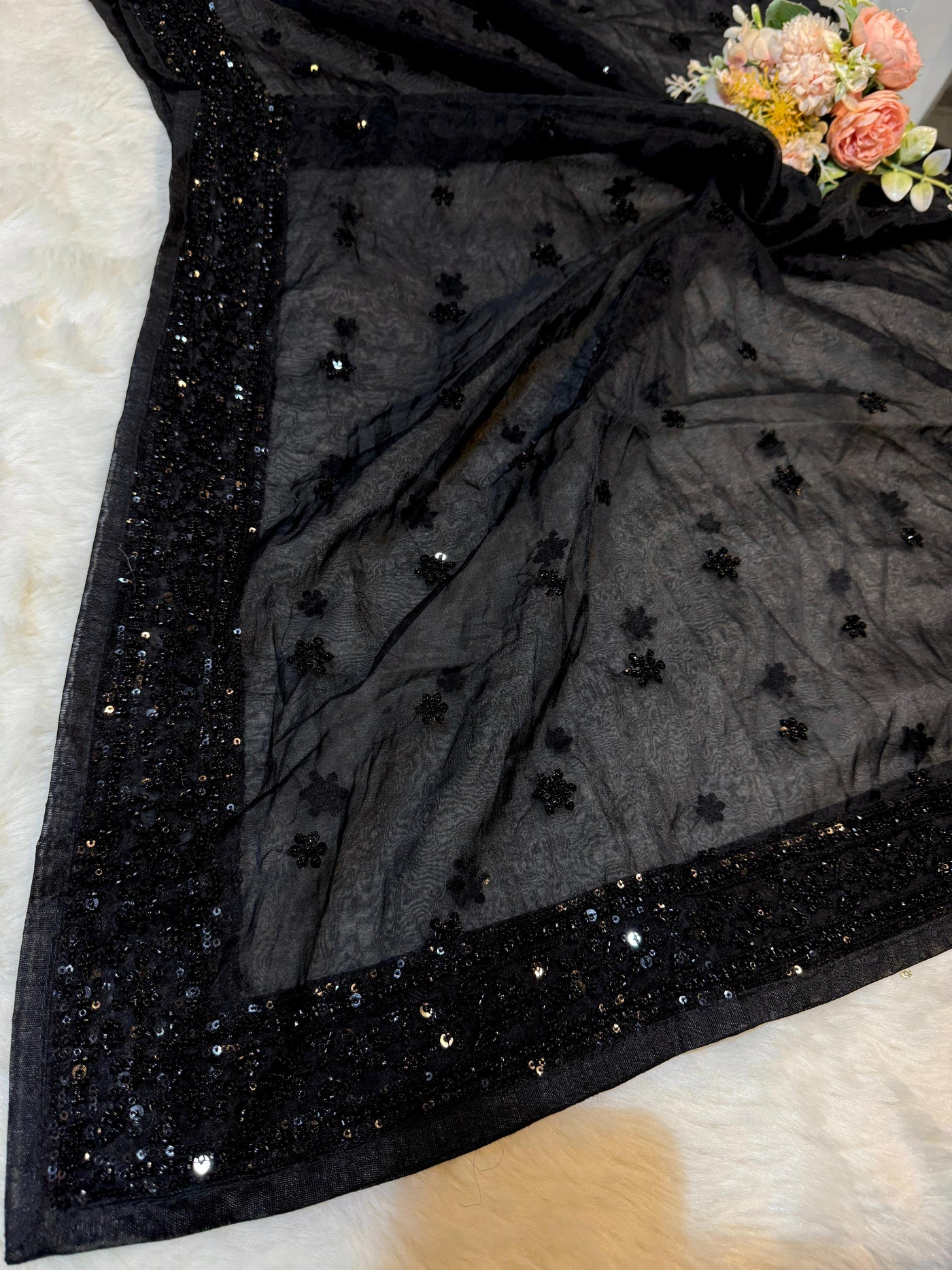 Black Organza Handwork Dupatta With 4 Side Borders 2.50 Meter Length