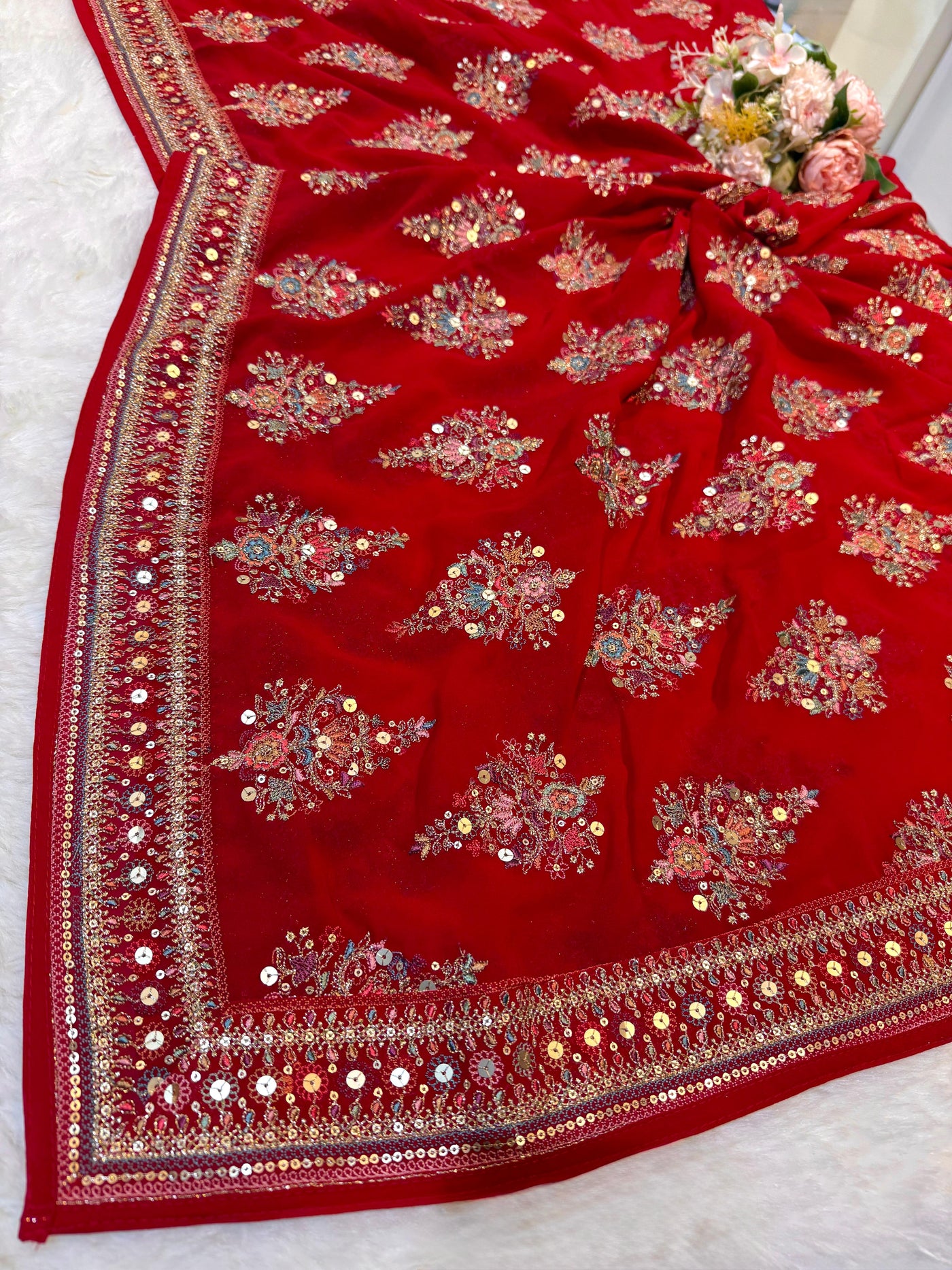 Red Georgette Dupatta With Four side borders