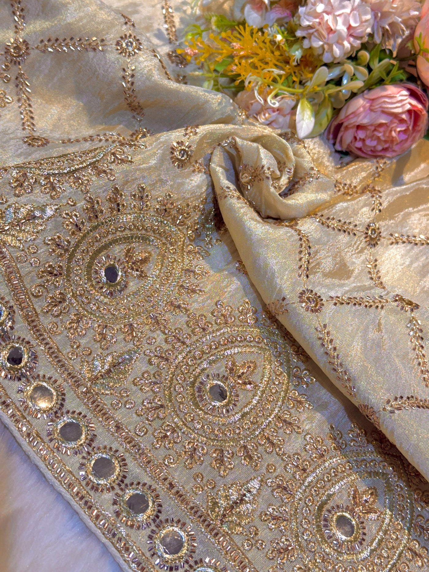 Mehz pro Zari Tissue Handwork Faux mirror Dyeable Dupatta (2.40 meter length)