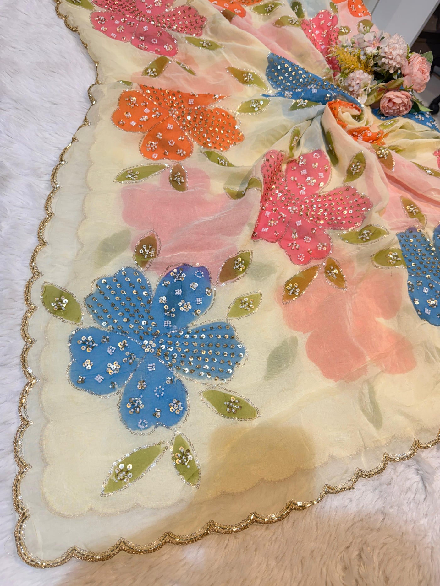 Ayesha Lemon Pure Organza Handwork Dupatta With Floral Work and Four Side Scalloped Borders 2.40 meter length