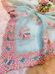 Aqua Blue Pure Silk Organza Swan Dupatta’s 2.50 meter Length 36 Inch width