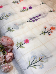 (Precut of 0.8 Meter) White  Pure Cotten  Embroidery With Floral Checks Work 44 inch width