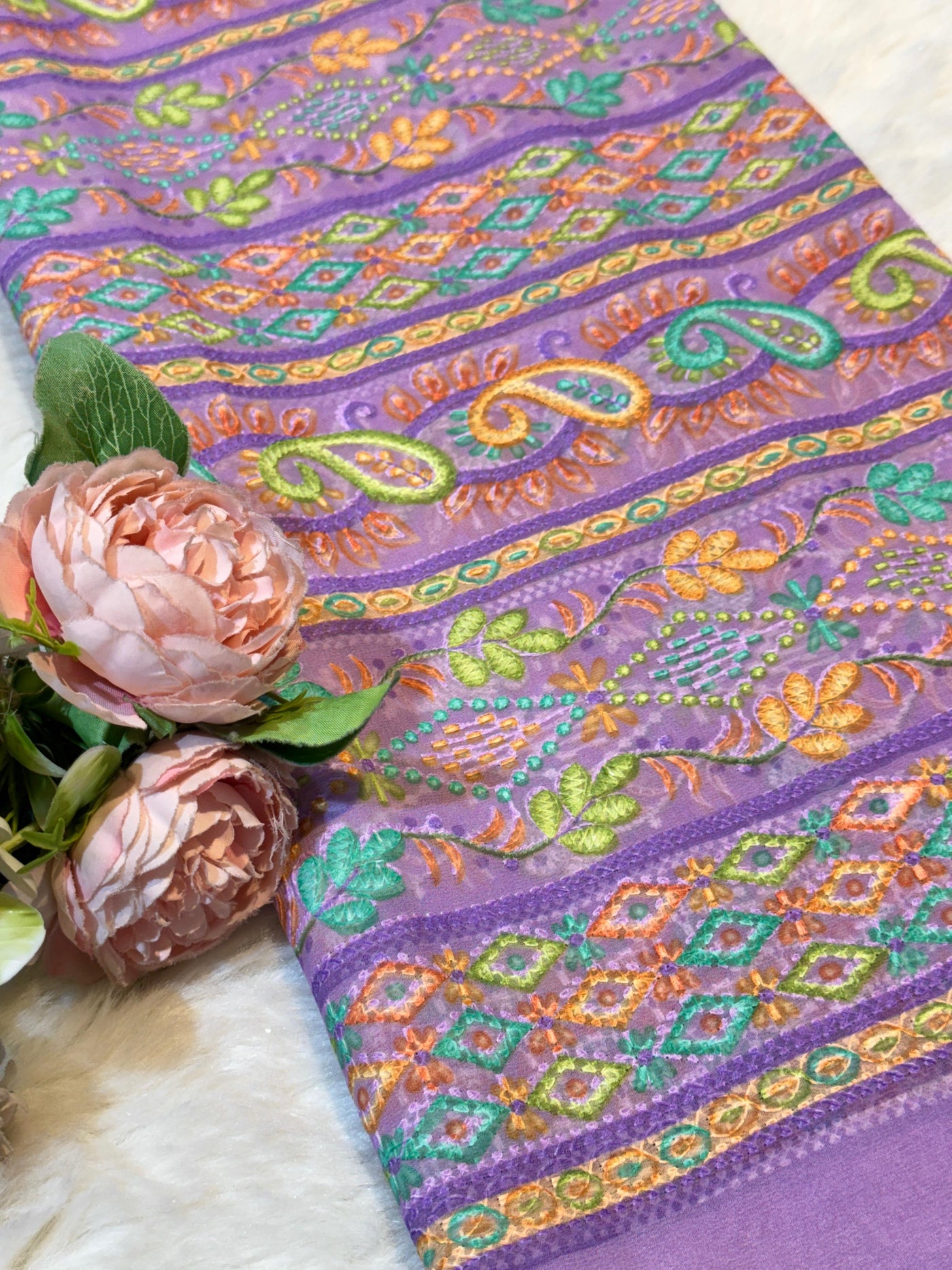 Purple  Georgette Chikankari Stripe Floral Threadwork Embroidery 44 inch width